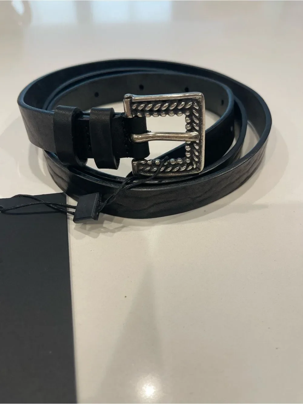 The Kooples Engraved Metal-Buckle Leather Belt In Black NWT LARGE